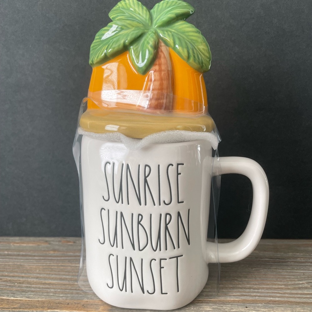 Rae Dunn SUNRISE SUNSET SUNBURN Palm Tree Topper Coffee Mug Ceramic NWT Magenta